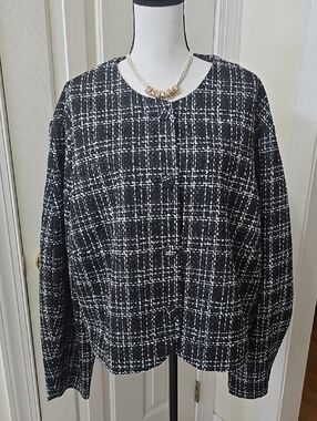 Ashley Graham Brand Women's Plus Black & White Plaid Tweed Jacket Size 20W